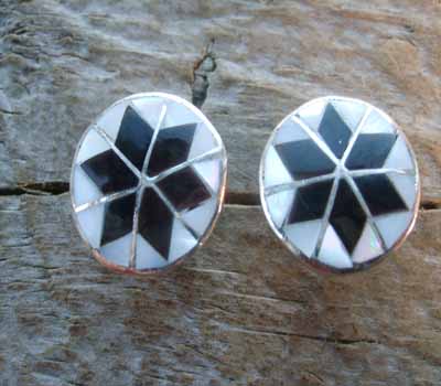 American Indian Inlay MOP Onyx Button Earrings